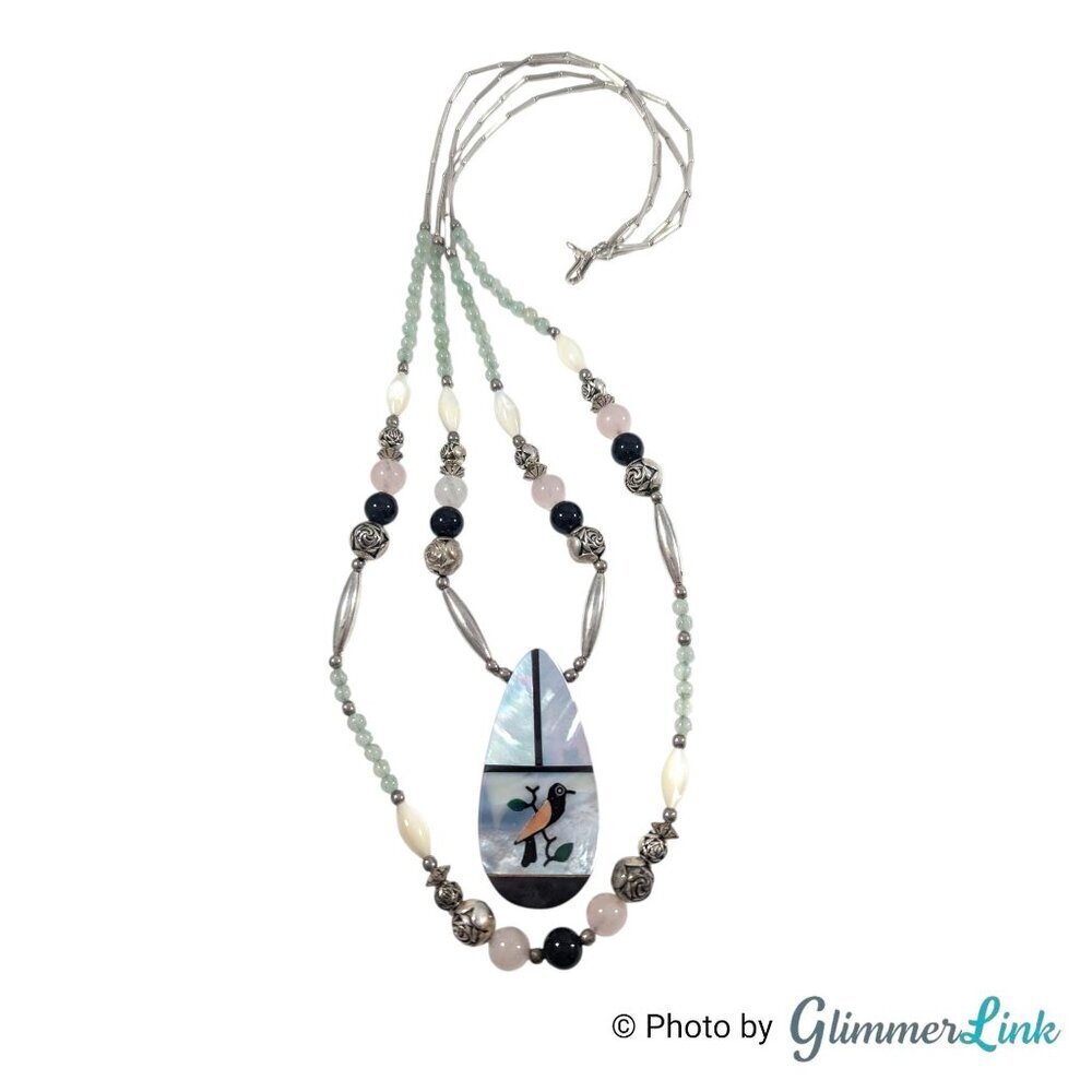 Vintage Bird Inlay Pendant Necklace Aventurine Rose Quartz Onyx Silver Tone - Picture 1 of 15